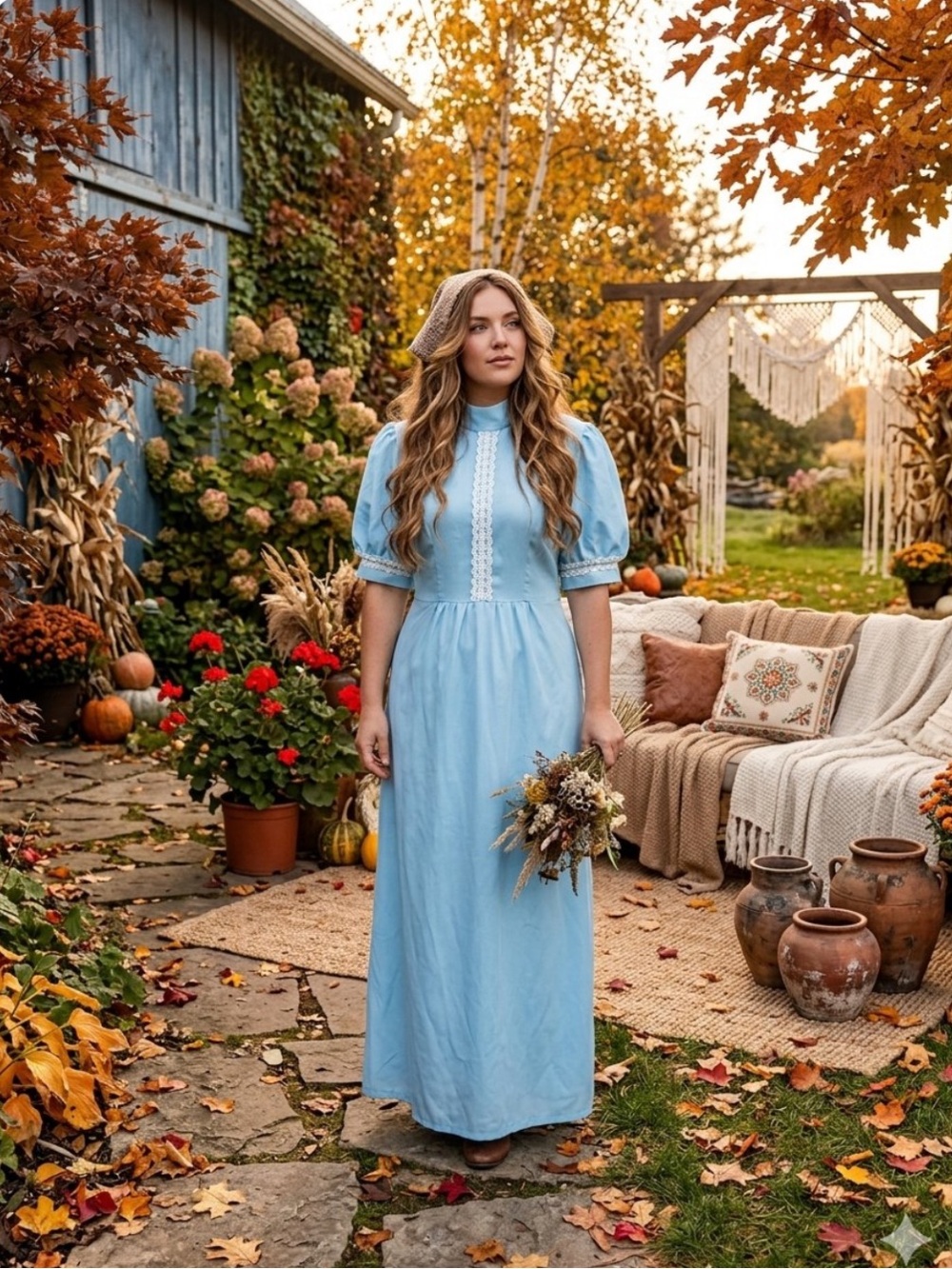VTG Stunning Blue MockNeck Victorian Dress White Lace Detail -Handmade Sz XL-EUC